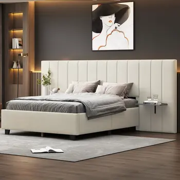 Light Gray Tufted Velvet Upholstered Lighted Full Bed Frame