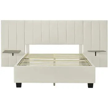 Light Gray Tufted Velvet Upholstered Lighted Full Bed Frame