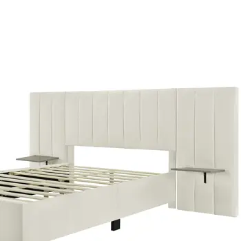 Light Gray Tufted Velvet Upholstered Lighted Full Bed Frame