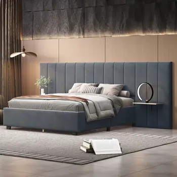 Dark Gray Tufted Velvet Upholstered Lighted Full Bed Frame