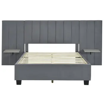 Dark Gray Tufted Velvet Upholstered Lighted Full Bed Frame
