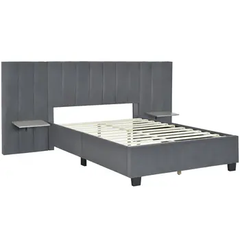 Dark Gray Tufted Velvet Upholstered Lighted Full Bed Frame
