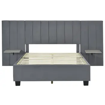 Dark Gray Tufted Velvet Upholstered Lighted Full Bed Frame