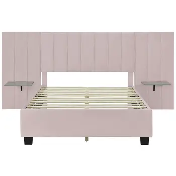 Pink Tufted Velvet Upholstered Lighted Full Bed Frame