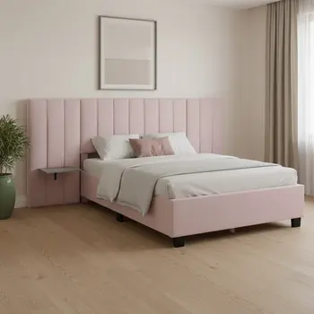 Pink Tufted Velvet Upholstered Lighted Full Bed Frame