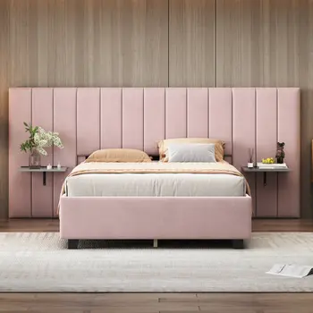 Pink Tufted Velvet Upholstered Lighted Full Bed Frame