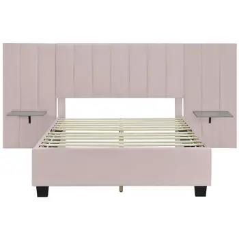 Pink Tufted Velvet Upholstered Lighted Full Bed Frame