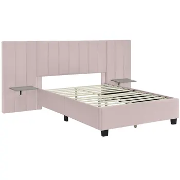 Pink Tufted Velvet Upholstered Lighted Full Bed Frame