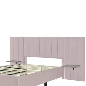 Pink Tufted Velvet Upholstered Lighted Full Bed Frame