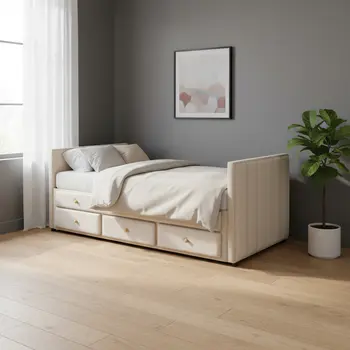 Beige Tufted Velvet Upholstered Twin Day Bed With Trundle And Drawers