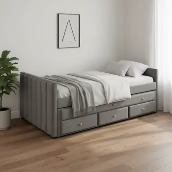 Dark Gray Tufted Velvet Upholstered Full Day Bed With Trundle And Drawers