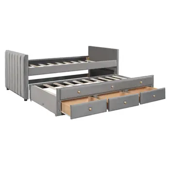 Dark Gray Tufted Velvet Upholstered Full Day Bed With Trundle And Drawers