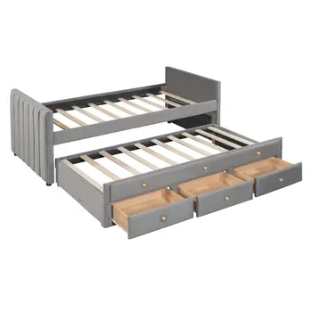 Dark Gray Tufted Velvet Upholstered Full Day Bed With Trundle And Drawers