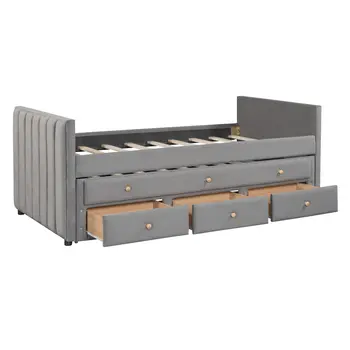 Dark Gray Tufted Velvet Upholstered Full Day Bed With Trundle And Drawers