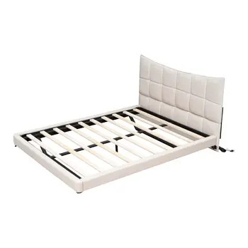 Beige Tufted Upholstered Full Bed Frame With LED Lighting And USB