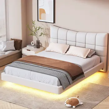 Beige Tufted Upholstered Full Bed Frame With LED Lighting And USB