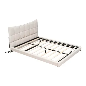 Beige Tufted Upholstered Full Bed Frame With LED Lighting And USB