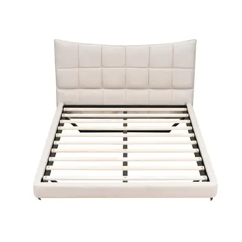 Beige Tufted Upholstered Full Bed Frame With LED Lighting And USB