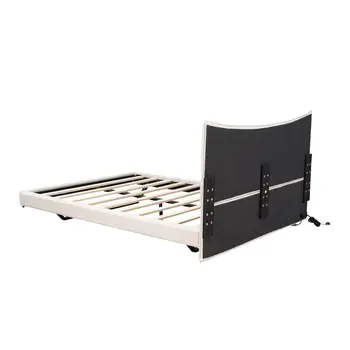 Beige Tufted Upholstered Full Bed Frame With LED Lighting And USB