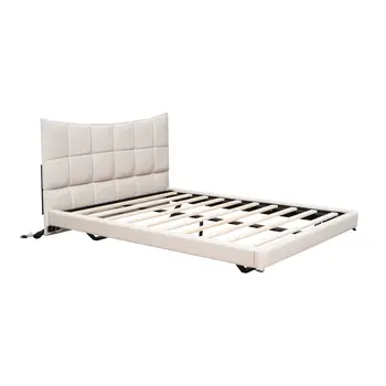 Beige Tufted Upholstered Full Bed Frame With LED Lighting And USB