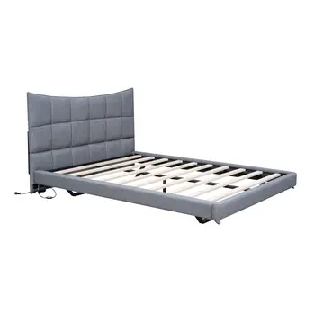 Gray Tufted Upholstered Full Bed Frame With LED Lighting And USB
