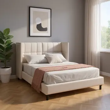 Beige Tufted Upholstered Queen Bed Frame With LED Lighting And USB
