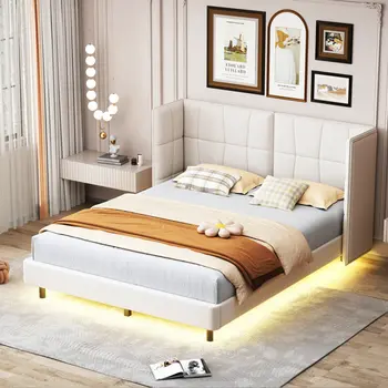 Beige Tufted Upholstered Queen Bed Frame With LED Lighting And USB