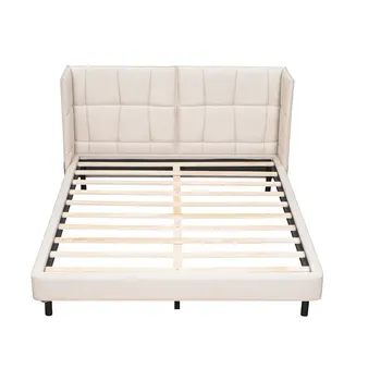 Beige Tufted Upholstered Queen Bed Frame With LED Lighting And USB