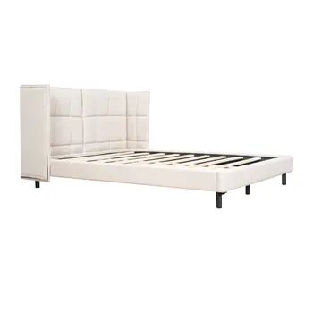 Beige Tufted Upholstered Queen Bed Frame With LED Lighting And USB