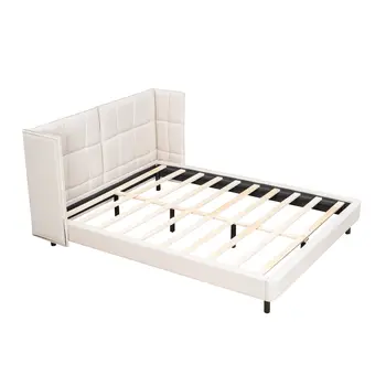 Beige Tufted Upholstered Queen Bed Frame With LED Lighting And USB