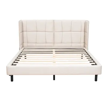 Beige Tufted Upholstered Queen Bed Frame With LED Lighting And USB