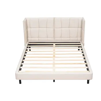 Beige Tufted Upholstered Queen Bed Frame With LED Lighting And USB