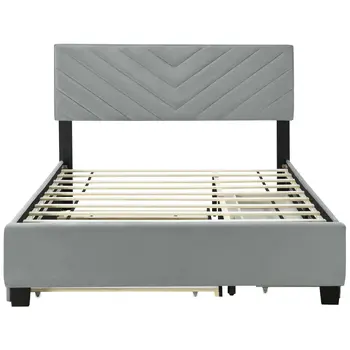 Gray Tufted Upholstered Queen Bed Frame With Trundle And Drawers