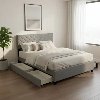 Gray Tufted Upholstered Queen Bed Frame With Trundle And Drawers