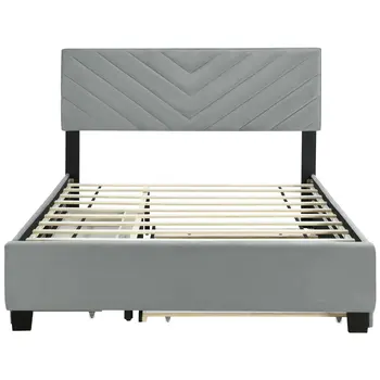 Gray Tufted Upholstered Queen Bed Frame With Trundle And Drawers