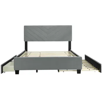 Gray Tufted Upholstered Queen Bed Frame With Trundle And Drawers