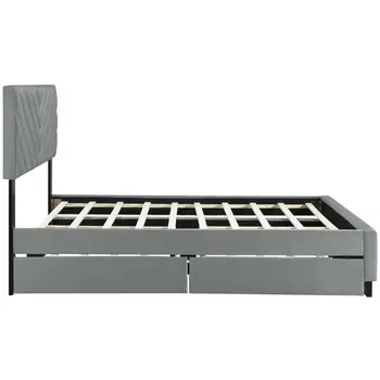 Gray Tufted Upholstered Queen Bed Frame With Trundle And Drawers