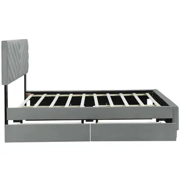 Gray Tufted Upholstered Queen Bed Frame With Trundle And Drawers