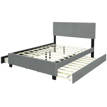 Gray Tufted Upholstered Queen Bed Frame With Trundle And Drawers