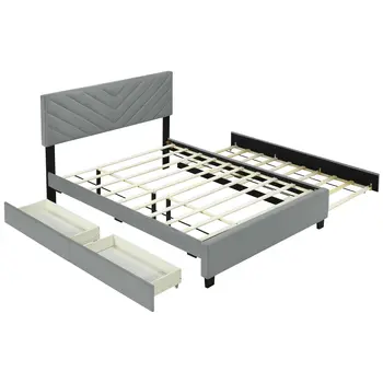 Gray Tufted Upholstered Queen Bed Frame With Trundle And Drawers