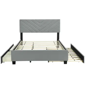 Gray Tufted Upholstered Queen Bed Frame With Trundle And Drawers