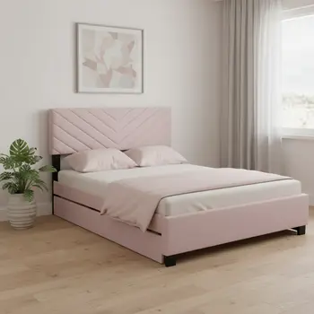 Pink Tufted Upholstered Twin Bed Frame With Trundle And Drawers