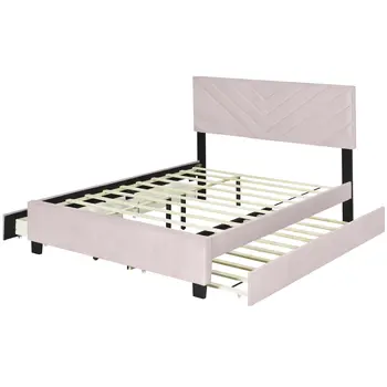 Pink Tufted Upholstered Twin Bed Frame With Trundle And Drawers