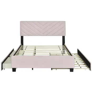 Pink Tufted Upholstered Twin Bed Frame With Trundle And Drawers