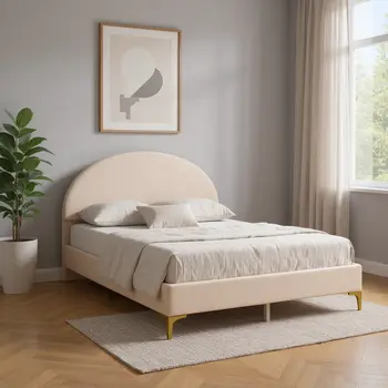 Beige Tufted Velvet Upholstered Queen Bed Frame