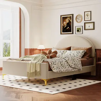 Beige Tufted Velvet Upholstered Queen Bed Frame
