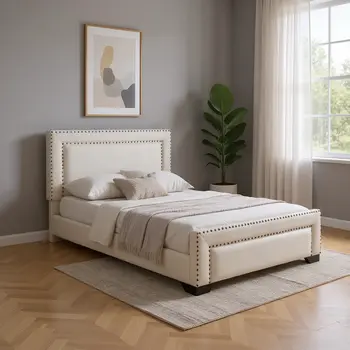 Beige Tufted Velvet Upholstered Queen Bed Frame