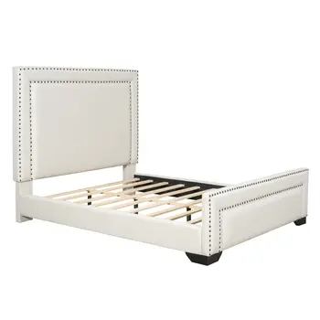 Beige Tufted Velvet Upholstered Queen Bed Frame