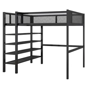 Black Platform Metal Full Double Loft Bed With Shelves