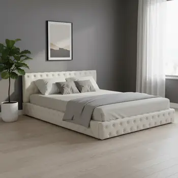 Beige Tufted Velvet Upholstered Queen Bed Frame